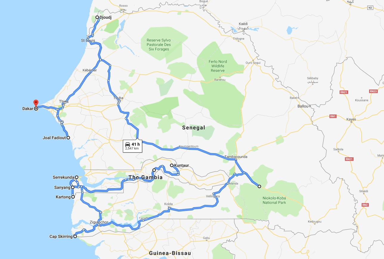 Mapka celkové trasy v Gambii a Senegalu pro shrnutí