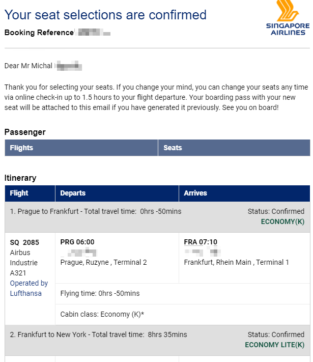 V e-mailu chybí jednotlivě zmíněná místa. V Manage My Booking ne.